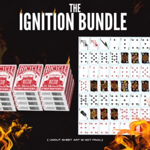 12 Firefighters Playing Cards stacked on top of each other in three stacks of 4 decks. A sheet of card designs from the entire deck for framing. Black Background behind decks. Flames all around. Text reading The Brick.