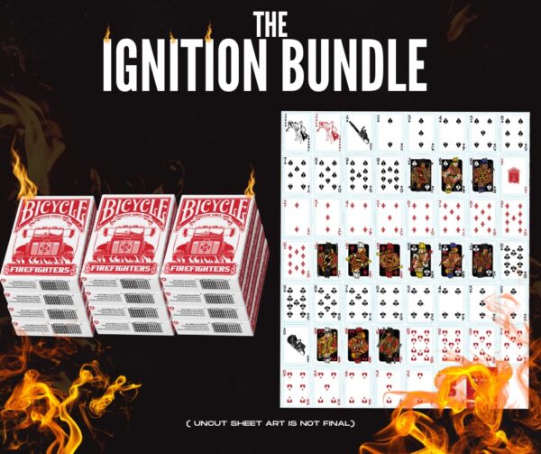 12 Firefighters Playing Cards stacked on top of each other in three stacks of 4 decks. A sheet of card designs from the entire deck for framing. Black Background behind decks. Flames all around. Text reading The Brick.