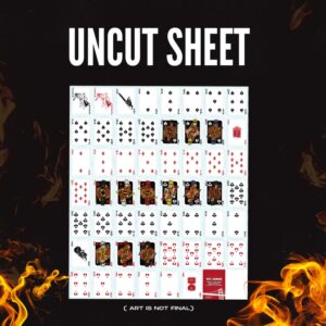 A sheet of card designs from the entire deck for framing. Black Background behind decks. Flames Surrounding uncut sheet. Text that says Uncut Sheet.