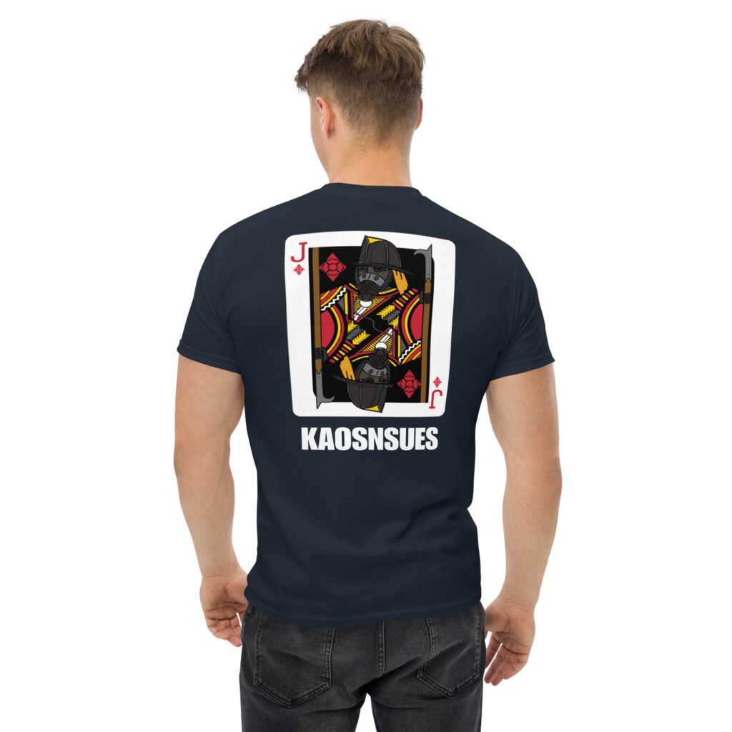 View of the back of a man's navy colored tee. It has the firefighters jack of diamonds card with the text in white underneath the card that says KAOSNSUES