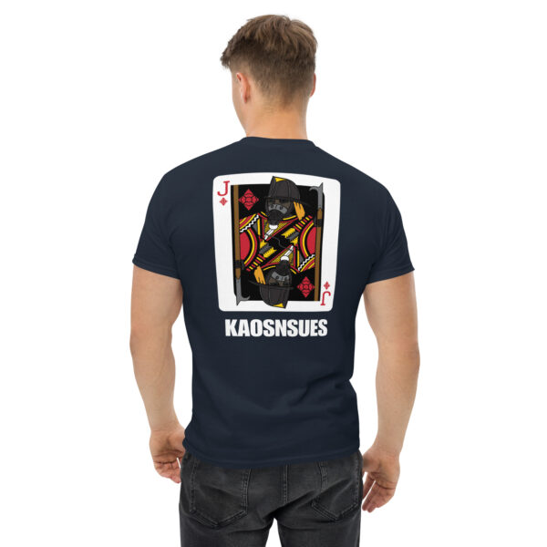 View of the back of a man's navy colored tee. It has the firefighters jack of diamonds card with the text in white underneath the card that says KAOSNSUES