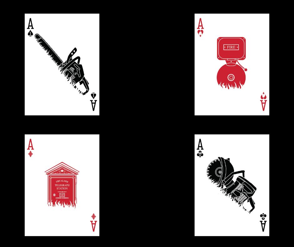 4 Aces from The Bicycle Firefighters Playing Cards Deck. The ace of spades is in the top left corner which is of a chainsaw silhouette in black. Top right is Ace of hearts with a fire alarm in red silhouette. Bottom left is Ace of hearts with a telegraph station with the numbers 343 in red silhouette and Ace of clubs in bottom right corner is of a K-12 tool in black silhouette.